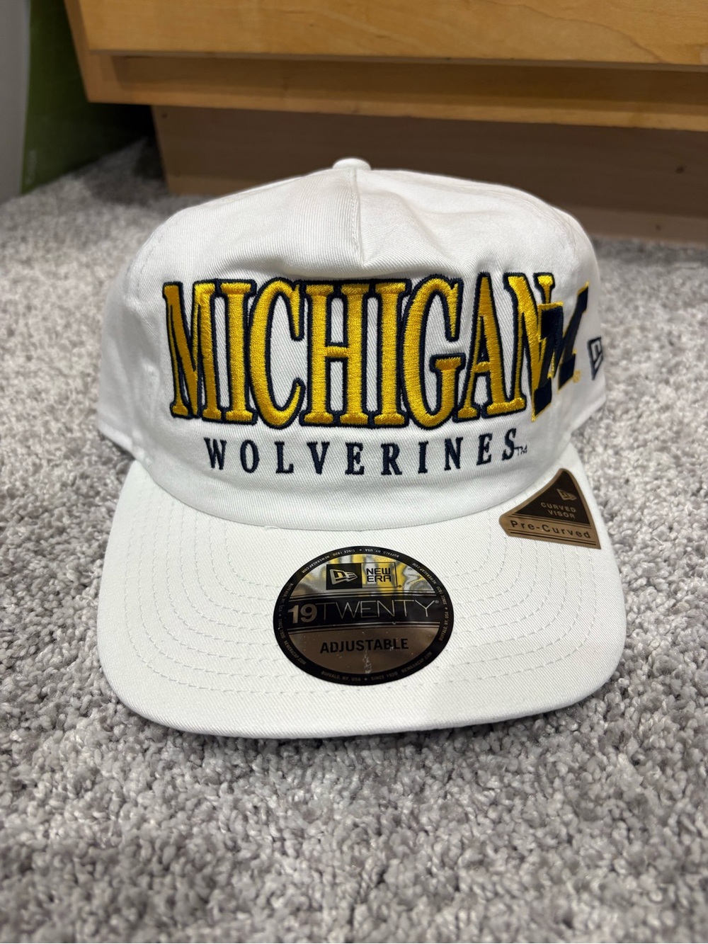 New Era White Michigan Wolverines Adjustable Hat with Yellow Embroidery